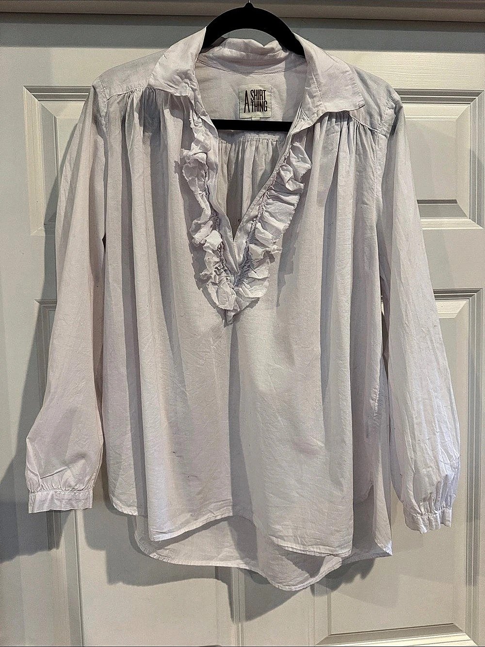 A Shirt Thing Ruffle Neck Cotton Blouse in White Size Medium
